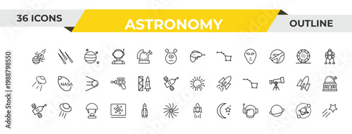 outline astronomy icons set - gun blaster, launching shuttle, capsule parachute. editable vector for web and mobile ui