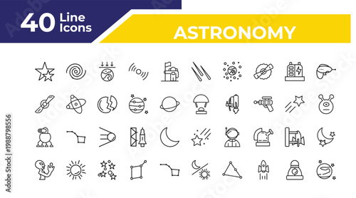 outline astronomy icons set - airscrew, space robot, extraterrestrial. editable vector for web and mobile ui