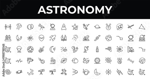 outline astronomy icons set - space ship, planetarium, big telescope. editable vector for web and mobile ui