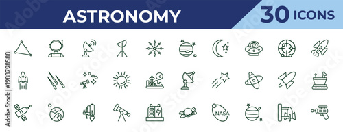 outline astronomy icons set - venus with satellite, rocket ship, space module. editable vector for web and mobile ui