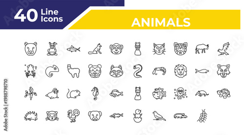 outline animals icons set - squid, wolf, turtle. editable vector for web and mobile ui