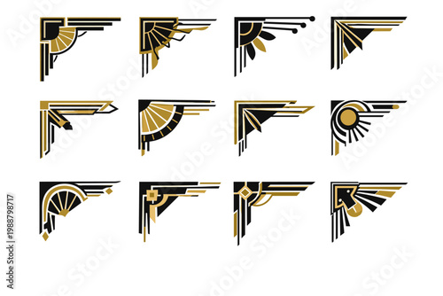 Set of Art Deco Corner Design Elements in Gold and Black, Vintage Geometric Border Ornaments for Luxury Invitations, Elegant 1920s Style Frame Decorations, Gatsby Inspired Vector Illustration
