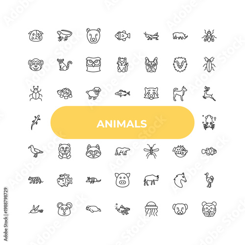 outline animals icons set - mite, panda, wildebeest. editable vector for web and mobile ui