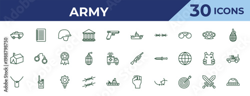 outline army icons set - warship, militar tent, dog tag. editable vector for web and mobile ui
