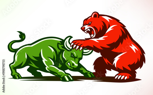 Bull and bear locked in combat, symbolizing the volatility and power struggle of the stock market. Dynamic vector illustration. Ideal for financial articles, or market analysis content.