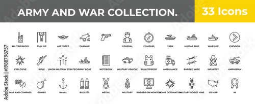 outline army and war collection. icons set - union military strategy, bombs, in. editable vector for web and mobile ui