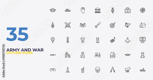 outline army and war icons set - torpedo, bulletproof vest, army boat. editable vector for web and mobile ui