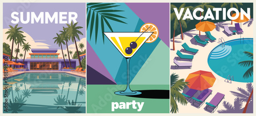 Reto posters with Sunlit poolside vibes with palm trees and tropical hues. Cool cocktails and lounge chairs suggest lazy, joyful days. Bright colors and bold lettering evoke summer celebration