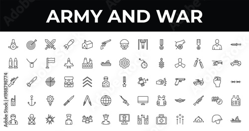 outline army and war icons set - revolver, army car, lieutenant. editable vector for web and mobile ui