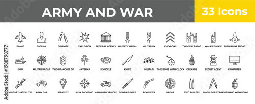 outline army and war icons set - two branches of frame, army car, whizbang with rong. editable vector for web and mobile ui