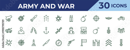 outline army and war icons set - two bullets, amphibian, explosion. editable vector for web and mobile ui