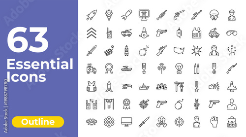 outline army and war icons set - robber on monitor, pistol, civilian. editable vector for web and mobile ui