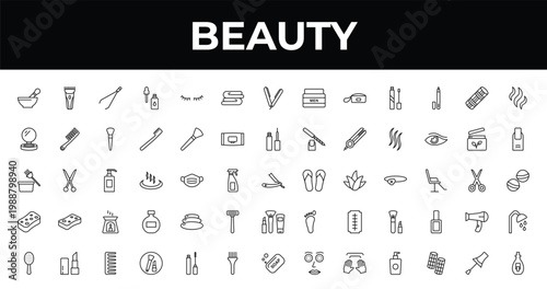 outline beauty icons set - folded towel, finger with nail, women makeup. editable vector for web and mobile ui