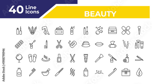 outline beauty icons set - curler with pin, makeup mirror, inclined bottle. editable vector for web and mobile ui