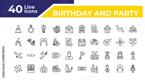 outline birthday and party icons set - wedding champagne, cupid, party horn. editable vector for web and mobile ui
