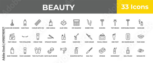 outline beauty icons set - cream tube, face cleanser, woman eye. editable vector for web and mobile ui