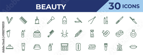 outline beauty icons set - vintage razor, one foot, hair clamp. editable vector for web and mobile ui