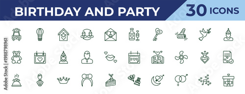 outline birthday and party icons set - wedding wine, teddy bear, wedding dinner. editable vector for web and mobile ui