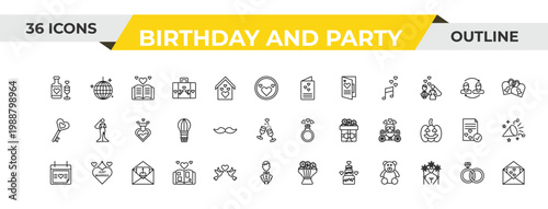 outline birthday and party icons set - wedding letter, mustache, birthday invitation. editable vector for web and mobile ui