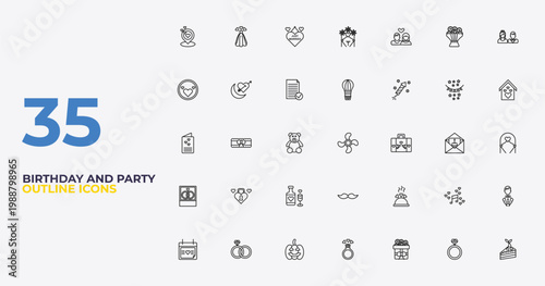 outline birthday and party icons set - air balloon, wedding dinner, cake slice. editable vector for web and mobile ui