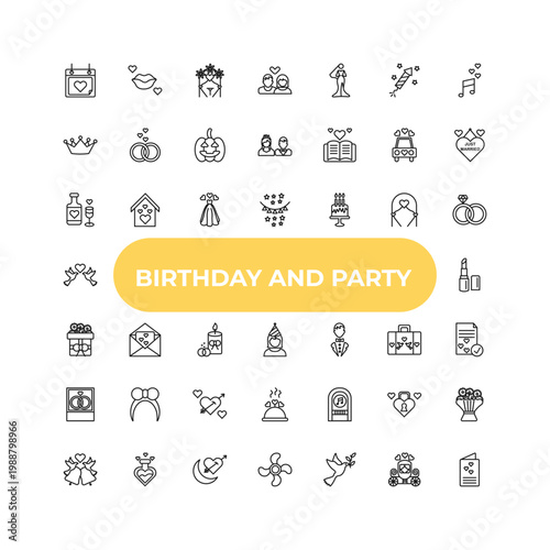 outline birthday and party icons set - wedding wine, wedding invitation, jukebox. editable vector for web and mobile ui