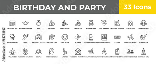 outline birthday and party icons set - wedding luggage, wedding location, birthday girl. editable vector for web and mobile ui
