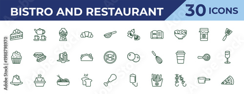 outline bistro and restaurant icons set - pouring coffe, cupcake with cream, creme caramel. editable vector for web and mobile ui