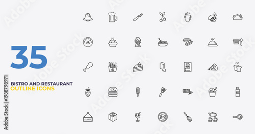 outline bistro and restaurant icons set - plate of spaghetti, sushi mix, restaurant fried egg. editable vector for web and mobile ui