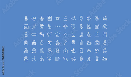 outline birthday and party icons set - romantic music, love house, wedding champagne. editable vector for web and mobile ui