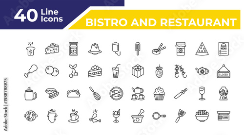 outline bistro and restaurant icons set - fried chicken thighs, hot mug, paella with parwns. editable vector for web and mobile ui
