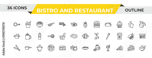 outline bistro and restaurant icons set - strawberry drawing, mortar with e, boiling water pan. editable vector for web and mobile ui