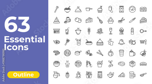 outline bistro and restaurant icons set - lateral pan, manual mixer, long sandwich. editable vector for web and mobile ui