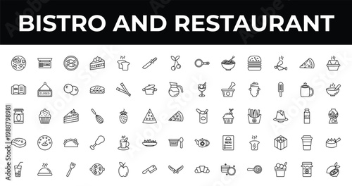 outline bistro and restaurant icons set - thin knife, hot soup, paella with parwns. editable vector for web and mobile ui
