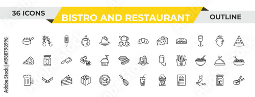 outline bistro and restaurant icons set - bakery croissant, cupcake with cherry, cake piece with cream. editable vector for web and mobile ui