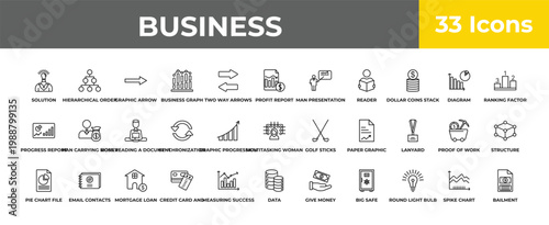 outline business icons set - boss reading a document, email contacts, bailment. editable vector for web and mobile ui