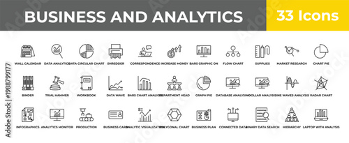 outline business and analytics icons set - workbook, analytics monitor, laptop with analysis. editable vector for web and mobile ui