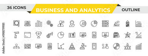 outline business and analytics icons set - round value chart, data analytics circular, dollar analysis bars. editable vector for web and mobile ui
