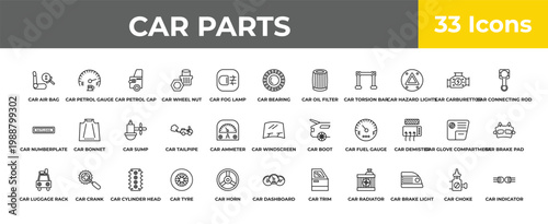 outline car parts icons set - car sump, car crank, indicator. editable vector for web and mobile ui