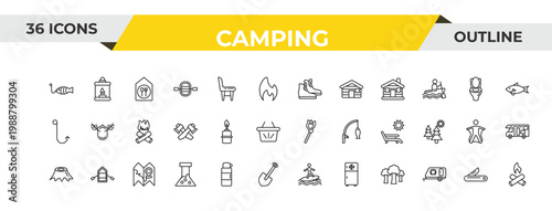 outline camping icons set - boots shoes, cooking gas, map. editable vector for web and mobile ui