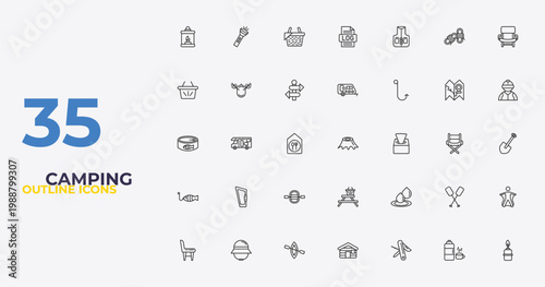 outline camping icons set - caravan, water, cooking gas. editable vector for web and mobile ui