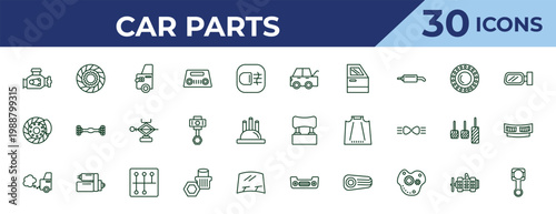 outline car parts icons set - car taiate, car disc brake, exhaust. editable vector for web and mobile ui