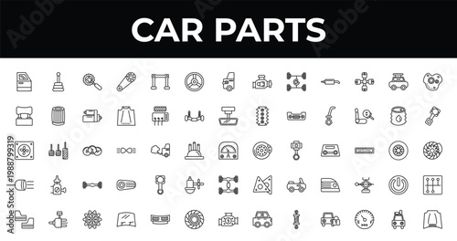 outline car parts icons set - car horn, car piston, windscreen. editable vector for web and mobile ui