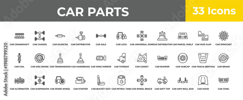outline car parts icons set - car transmission, car suspension, cowl. editable vector for web and mobile ui