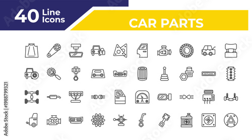 outline car parts icons set - car spare wheel, car chassis, towbar. editable vector for web and mobile ui