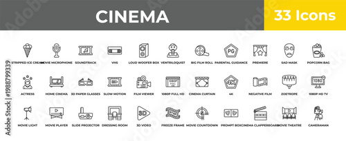 outline cinema icons set - 3d paper glasses, movie player, cameraman. editable vector for web and mobile ui