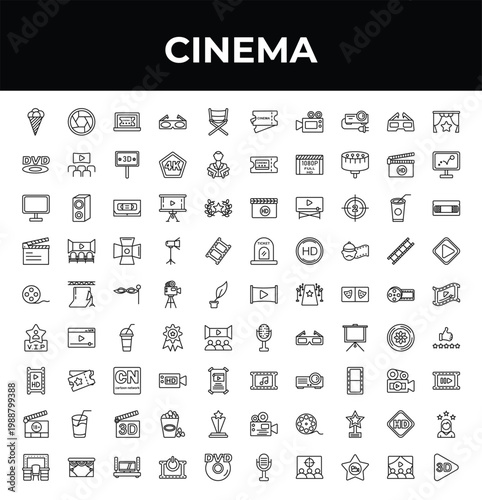 outline cinema icons set - dvd, film roll side view, dressing room. editable vector for web and mobile ui