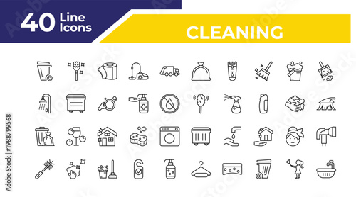 outline cleaning icons set - shower, trash cleanin, toilet brush cleanin. editable vector for web and mobile ui