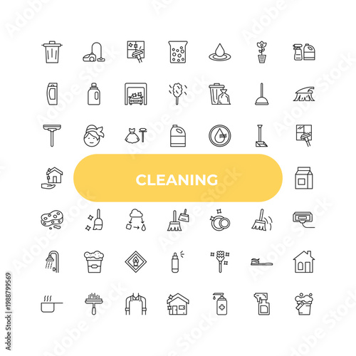 outline cleaning icons set - wiper, sweeping, feather duster. editable vector for web and mobile ui