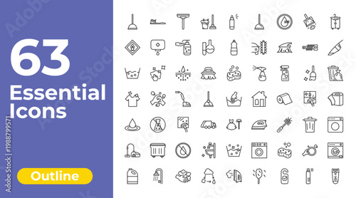 outline cleaning icons set - floor mop, dishwashing detergent, washing clothes. editable vector for web and mobile ui