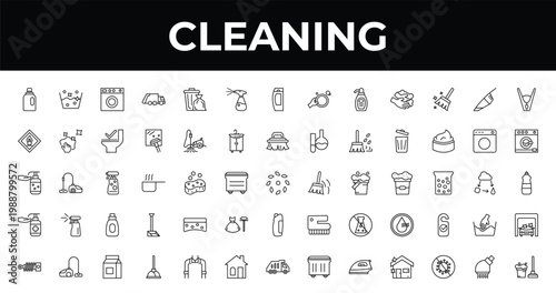 outline cleaning icons set - cleaning spray, washing hine cleanin, plunger. editable vector for web and mobile ui